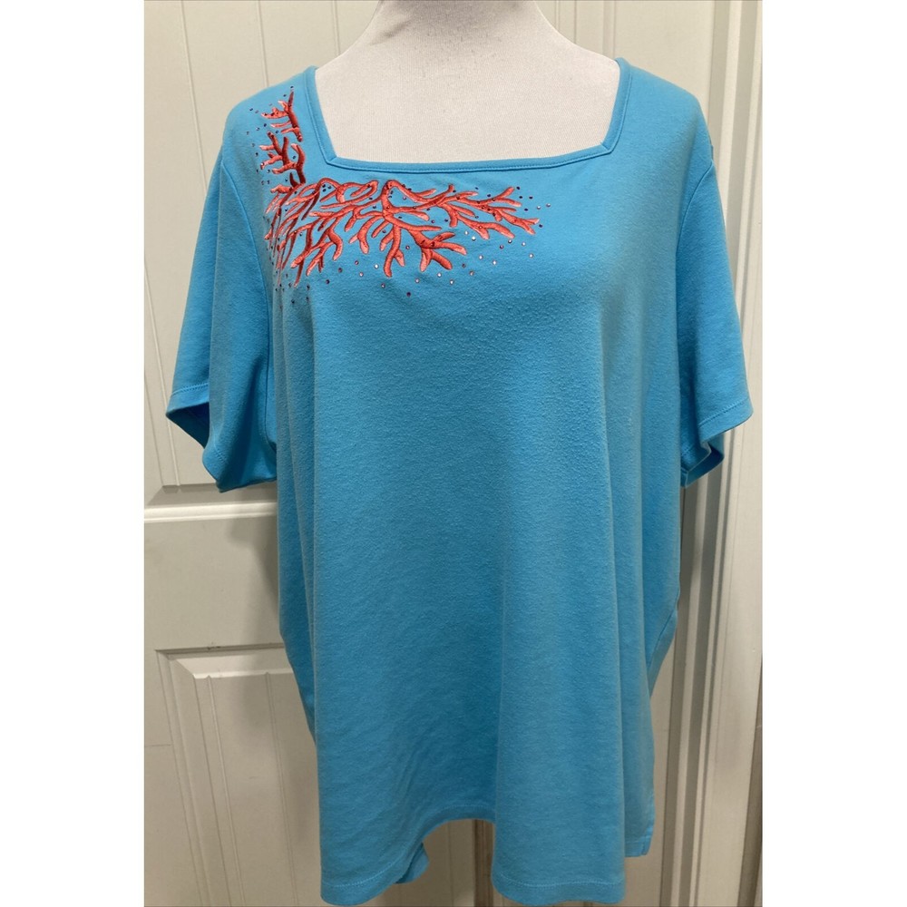 Blue Quacker Factory Shirt Embroidered Coral w Rhinestones SZ 3X Short Sleeves